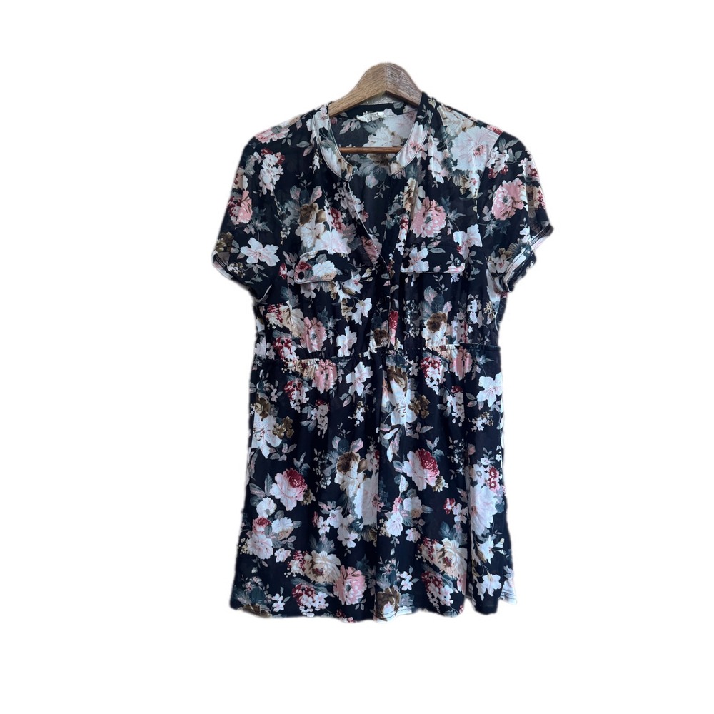 EMBER Floral Tunic Top Women 2X Black Pink Excellent Sheer Button Empire Waist